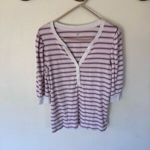 GAP White Henley puff sleeve Tee with Pink & Blue Stripes size large
